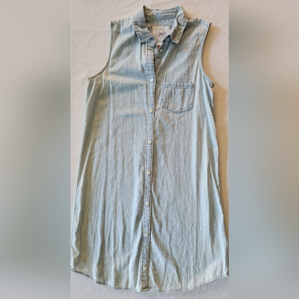 SO Sleeveless Light Blue Button-Up Cambray Cotton Dress Size S